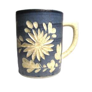 Handcrafted Ceramic Mug 8 ounces Speckled Floral Blue & Cream Artisan Pottery